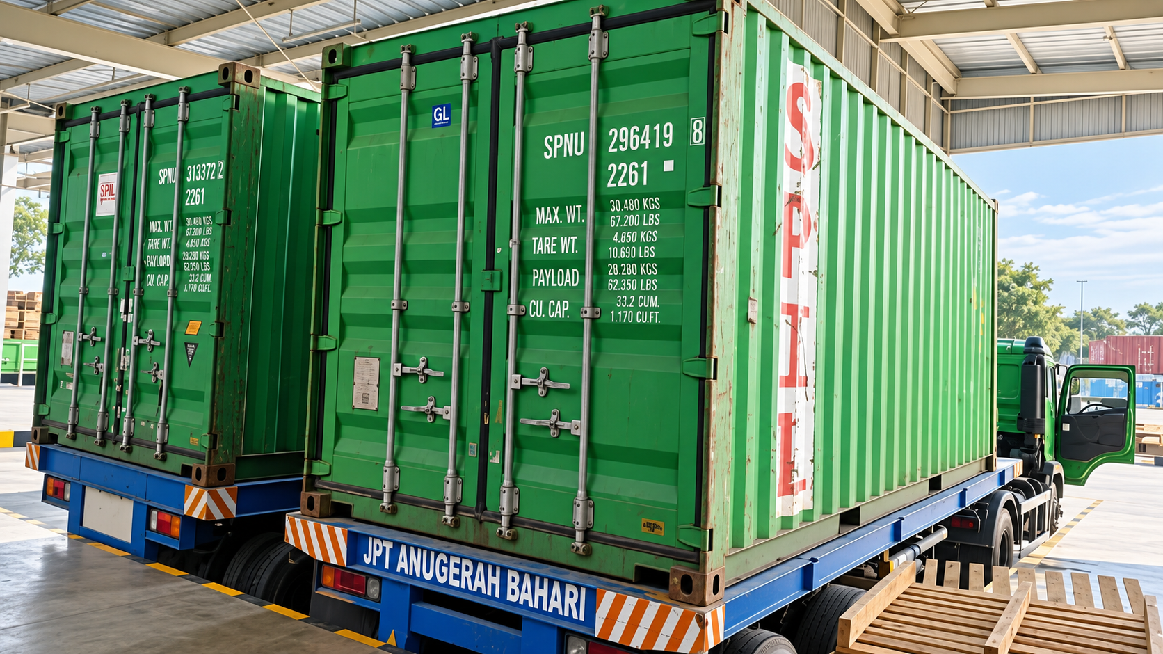 Dua container hijau di atas truk di area gudang, dengan tulisan JPT Anugerah Bahari